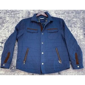Tommy Bahama Men's Jacket Large Navy Blue Quilted Barn Coat Brown Suede Trim‎